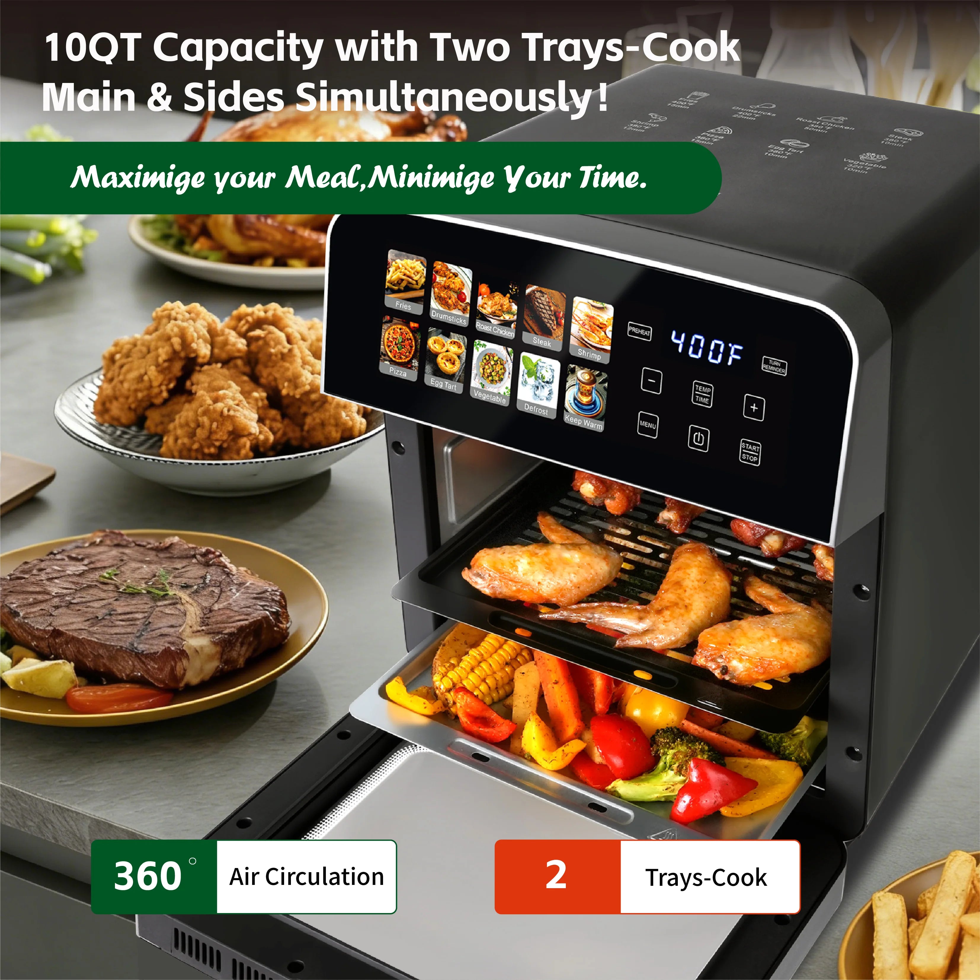 10 QT Air Fryer Toaster Oven Combo with 10 Presets