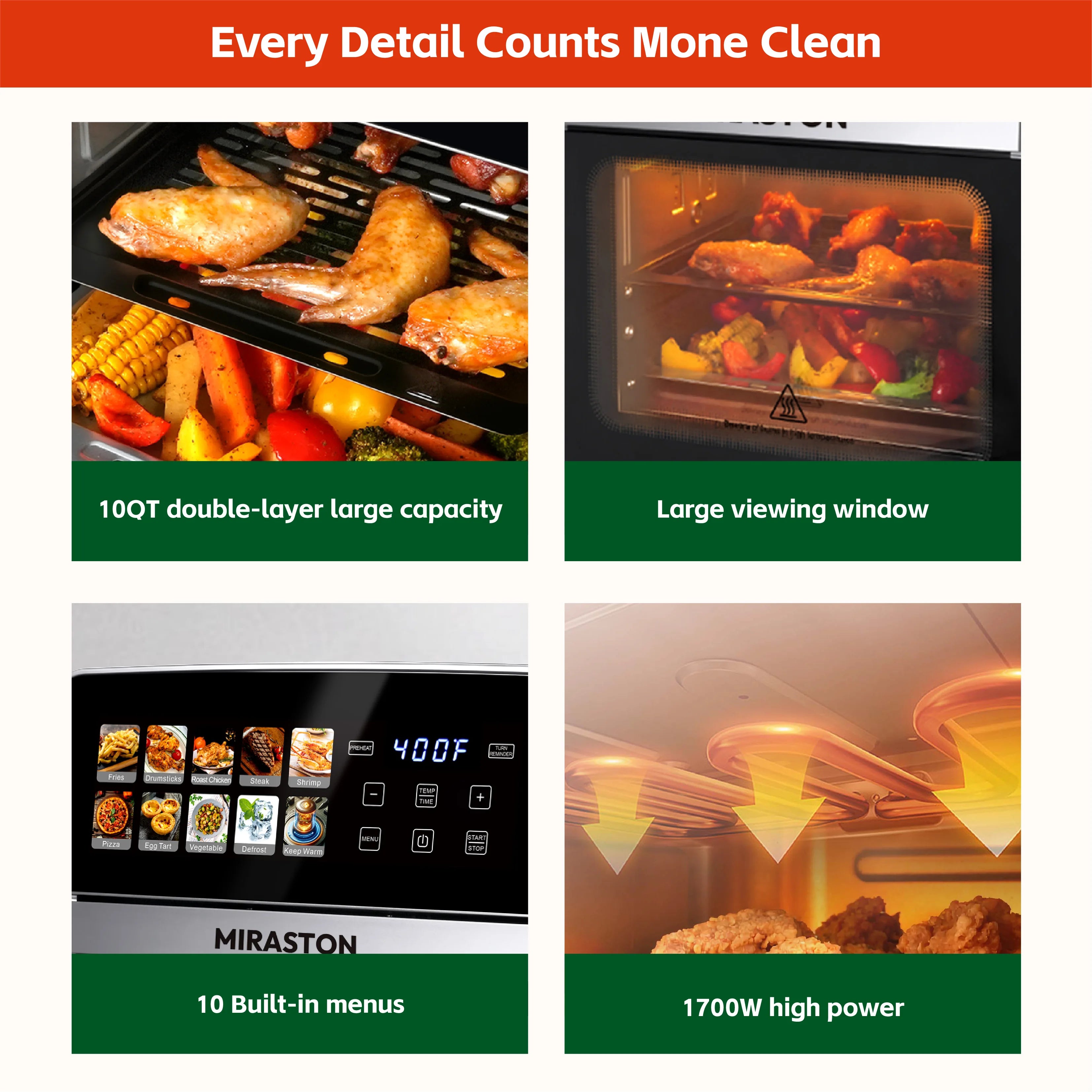 10 QT Air Fryer Toaster Oven Combo with 10 Presets