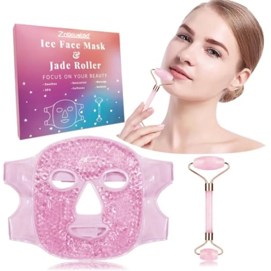 Ice Face Facial Jade Roller and Ice Face Mask Cold Cooling Gel Mask Gift Set for Women Aging Wrinkles Lifting Firming Puffy Eye
