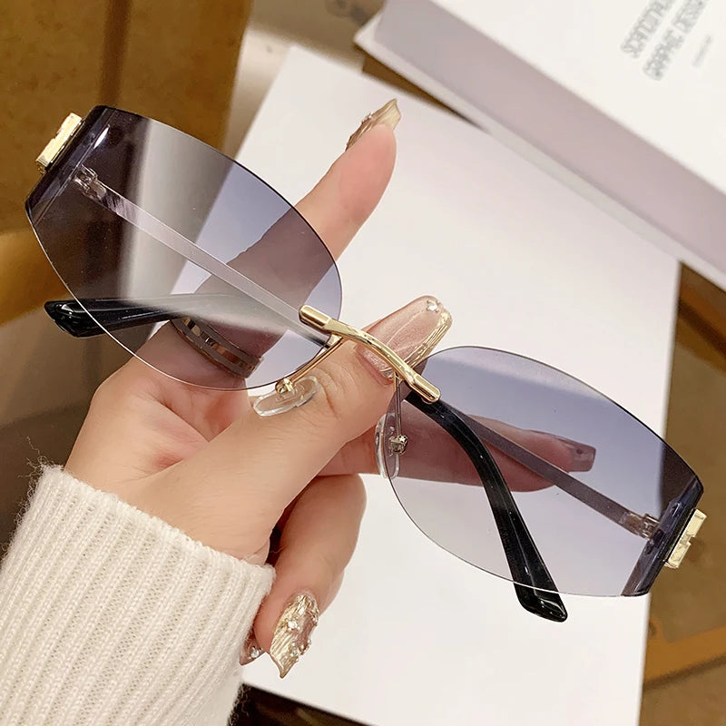 Rimless Oval Sunglasses Women UV400 Oversized Gradient  Lenses Metal Frame