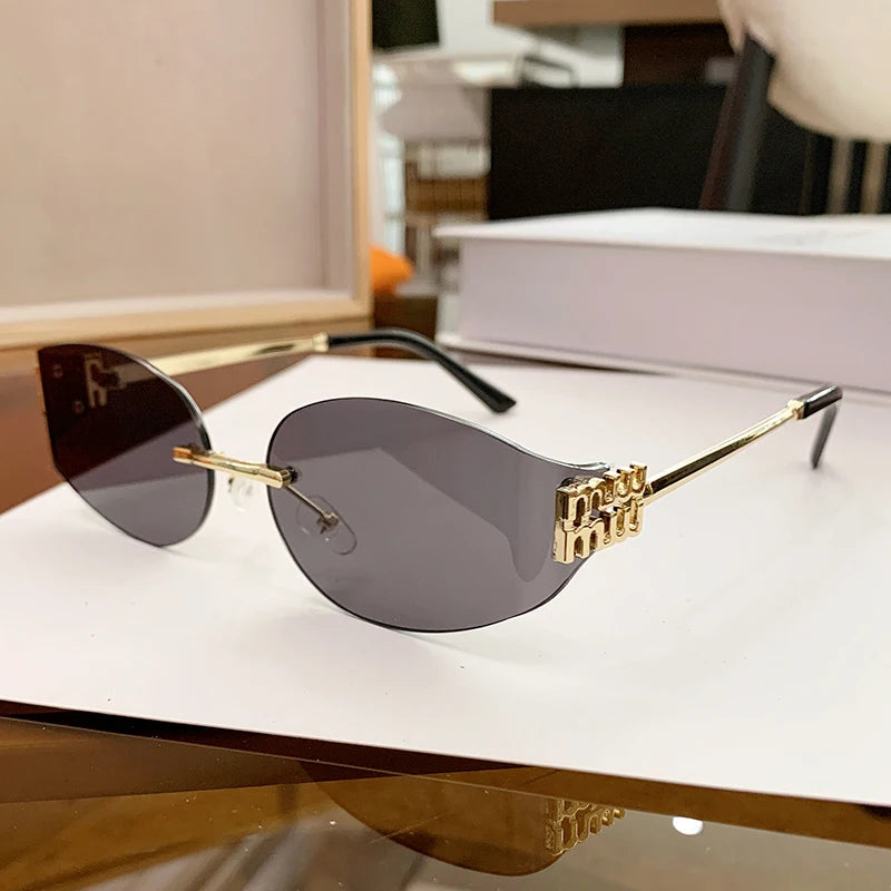 Rimless Oval Sunglasses Women UV400 Oversized Gradient  Lenses Metal Frame