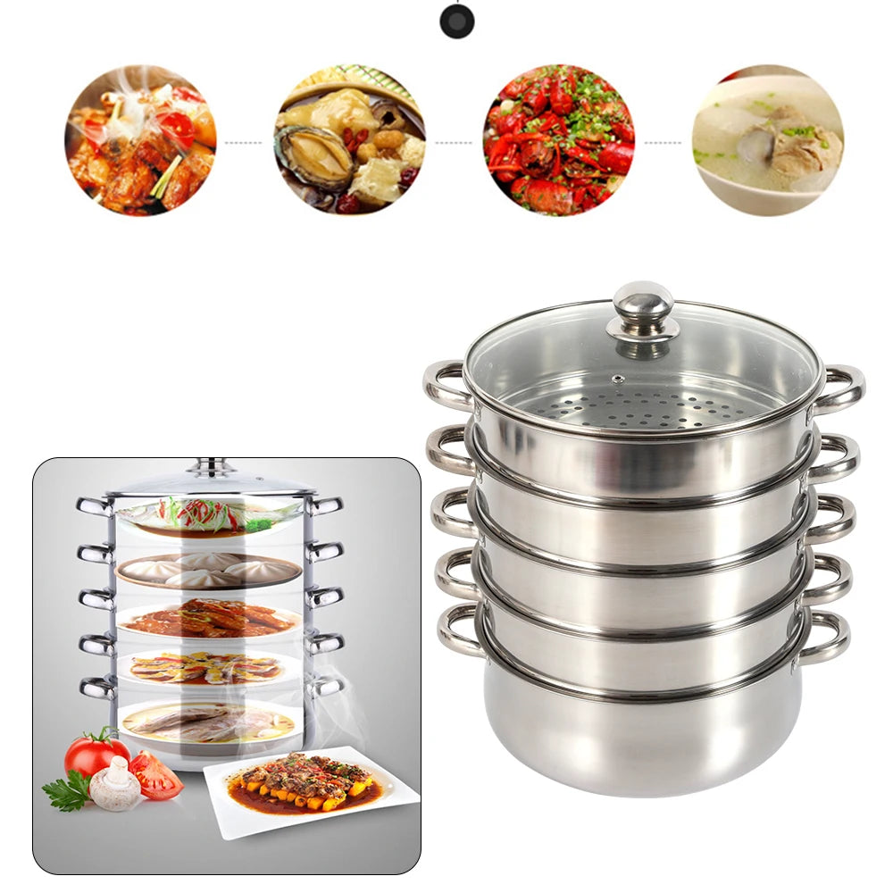 5-Tier Stainless Steel Food Steamer Cookware with Lid