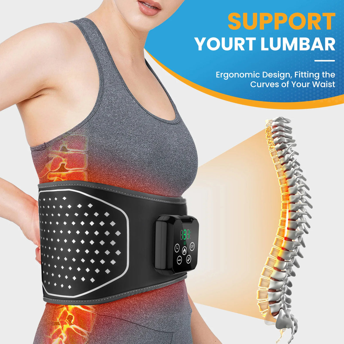 Cordless Heated Waist Massager with Vibration Compression Rechargeable Lumbar Support Belt Posture Adjuster for Men Women Gift