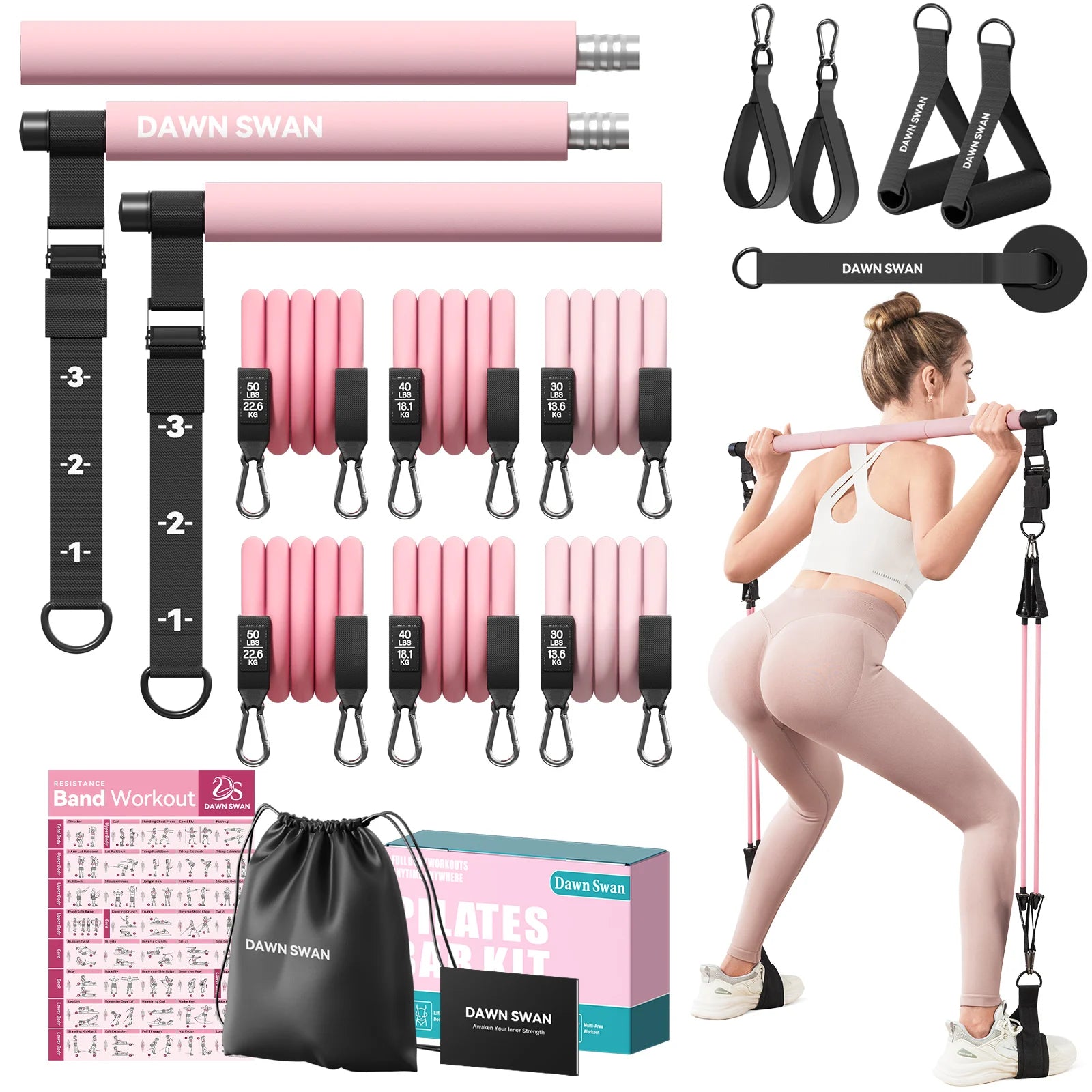 Pilates Bar Kit with Resistance Bands–Adjustable Home Gym Workout–Portable Pilates Equipment for Squats,Yoga&Full Body Toning