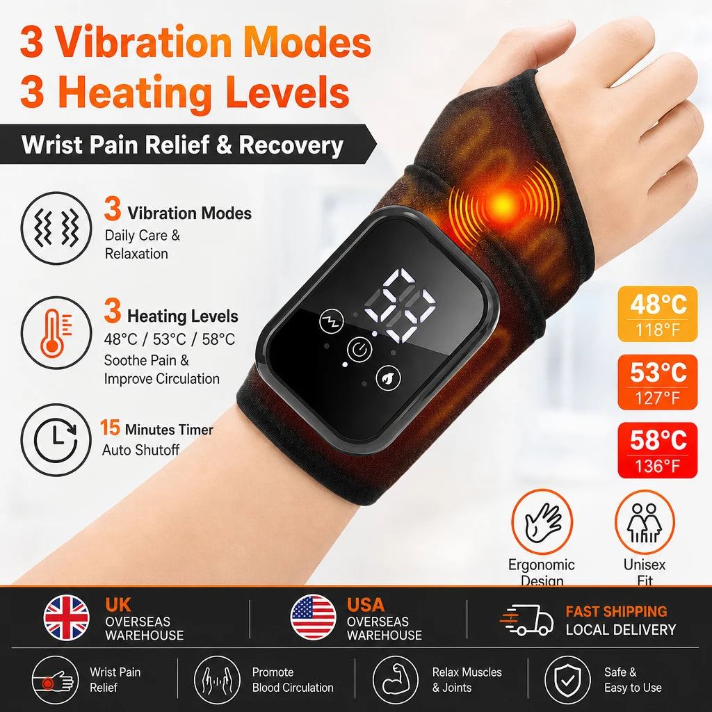Wrist Massager with Heat Black Rechargeable Brace with 3 Vibration 3 Heat Levels for Office Home US Stock