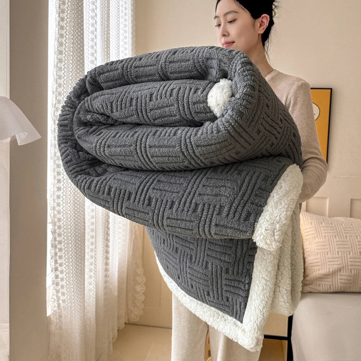 Throw Blanket, Double-Layer Vertical And Horizontal Striped Blanket,
