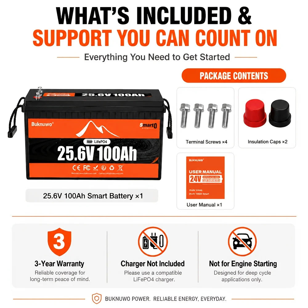 Buknuwo 24V 100Ah Bluetooth And Non-Bluetooth LiFePO4 Lithium Battery,