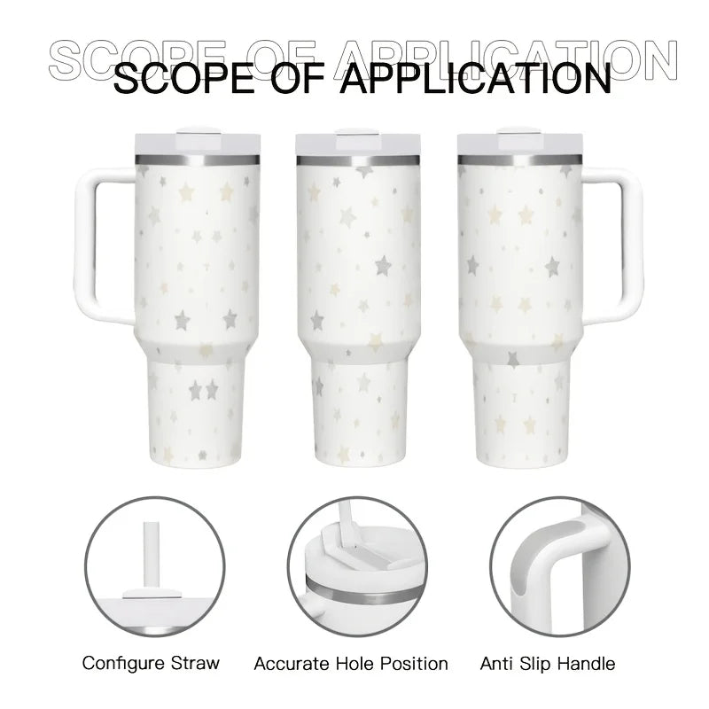 40Oz Beige Star Print Stainless Steel Tumbler with Handle Reusable Vacuum Insulated Water Cup for Daily Use