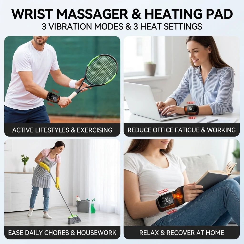 Wrist Massager with Heat Black Rechargeable Brace with 3 Vibration 3 Heat Levels for Office Home US Stock