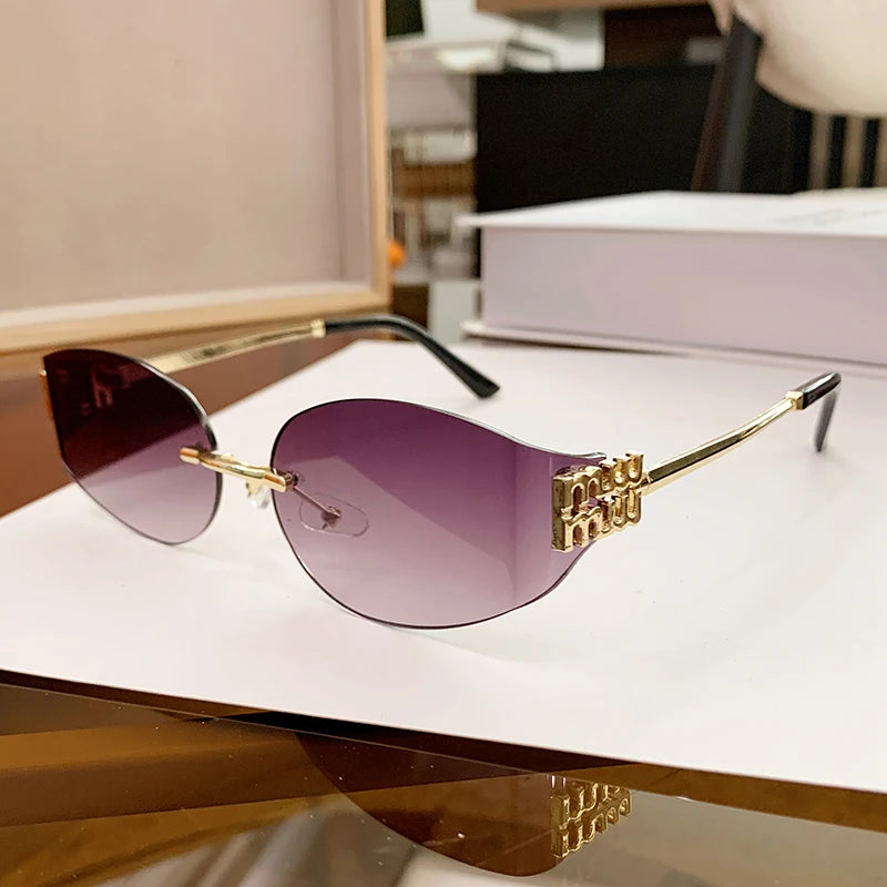 Rimless Oval Sunglasses Women UV400 Oversized Gradient  Lenses Metal Frame