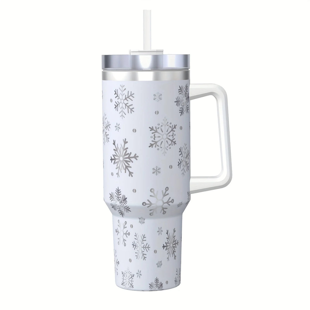 40 oz Stainless Steel White Snowflake Pattern Insulated Bottle Cup with Handle And Straw,