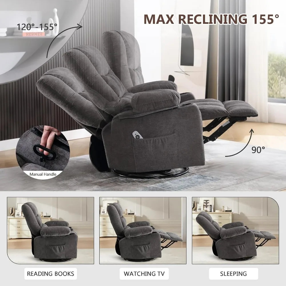Ergonomic Swivel Rocker Recliner with Massage and Heat for Living Room