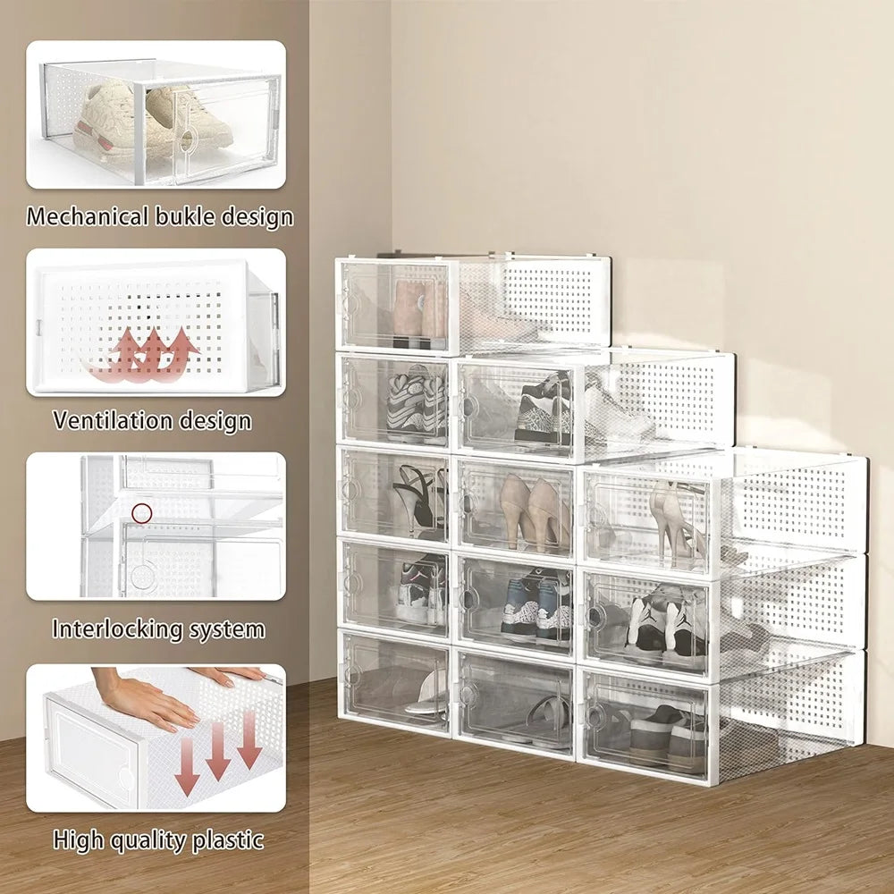 12-Pack Transparent Plastic Stackable Shoe Storage Boxes f