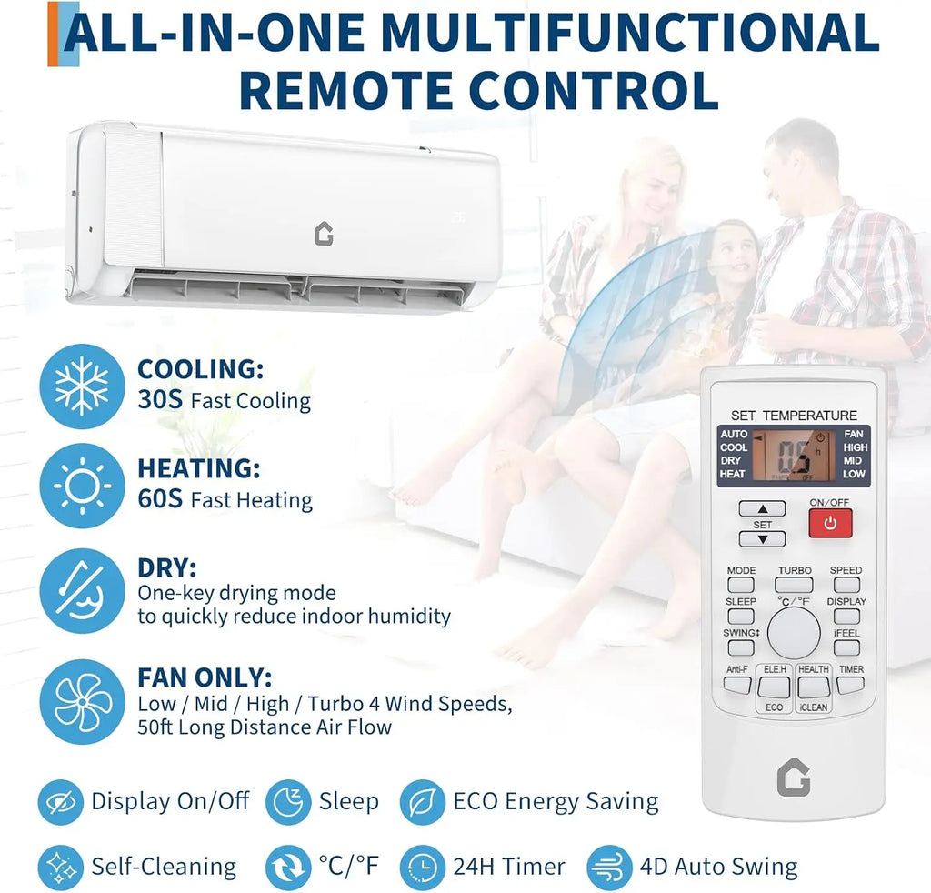 9000 BTU Mini Split AC w/Remote Control19 SEER2 Cools Up to 450 Sq. Ft,230 V Ductless Inverter Mini Split System w/0.75 Ton Heat Pump Pre-Charged & Installation Kit, Ultra-Quiet