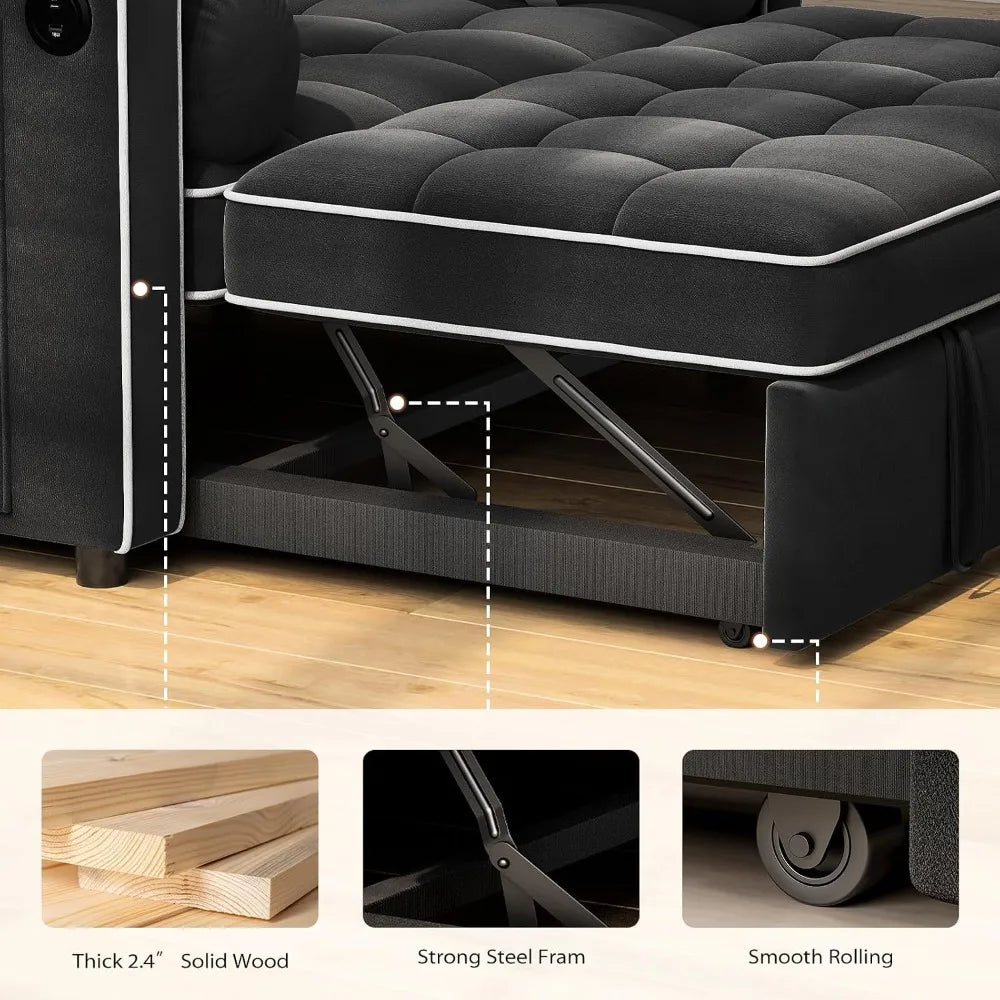 3 in 1 Sleeper Sofa Bed with Adjustable Backrest, Black Velvet