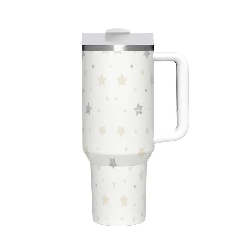 40Oz Beige Star Print Stainless Steel Tumbler with Handle Reusable Vacuum Insulated Water Cup for Daily Use