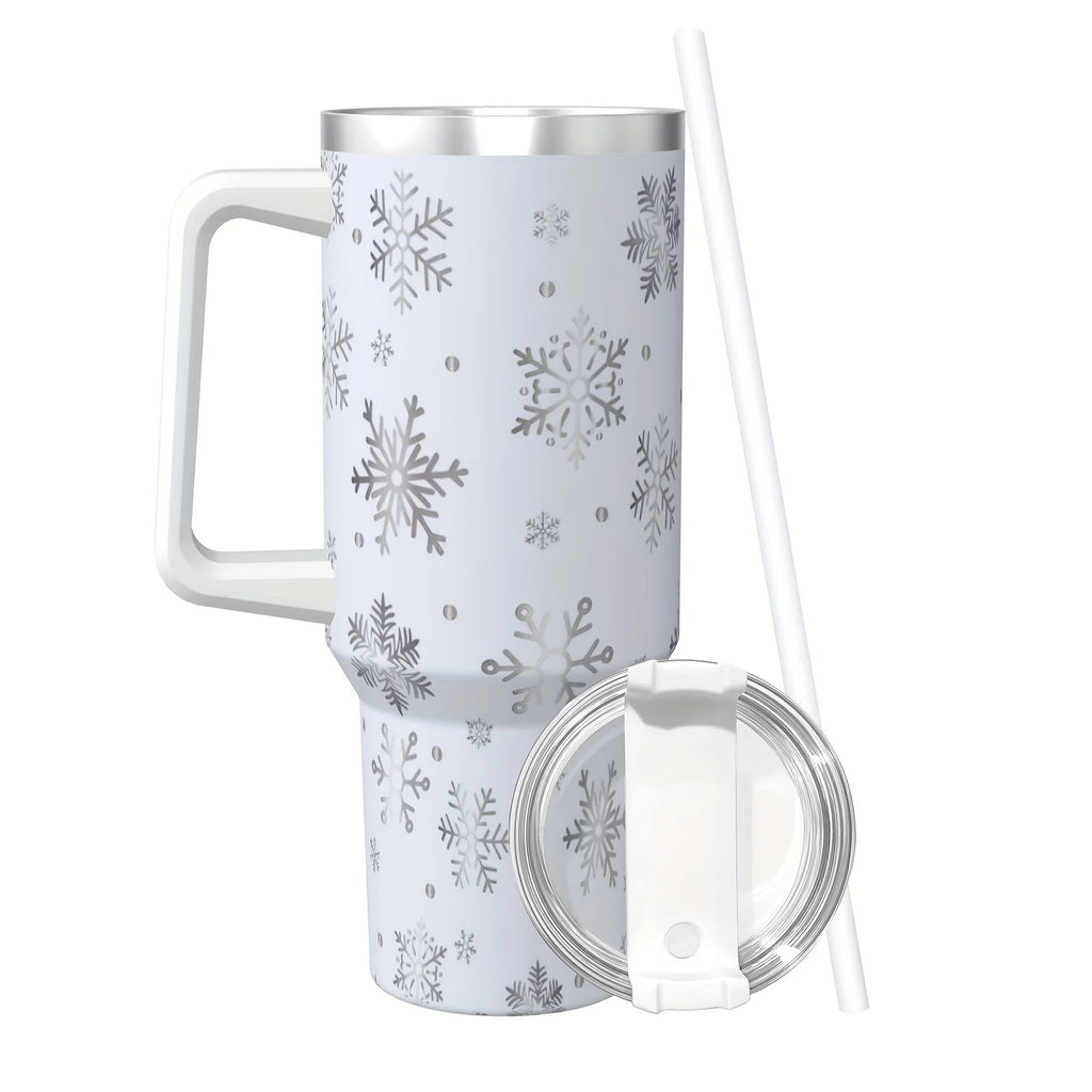 40 oz Stainless Steel White Snowflake Pattern Insulated Bottle Cup with Handle And Straw,