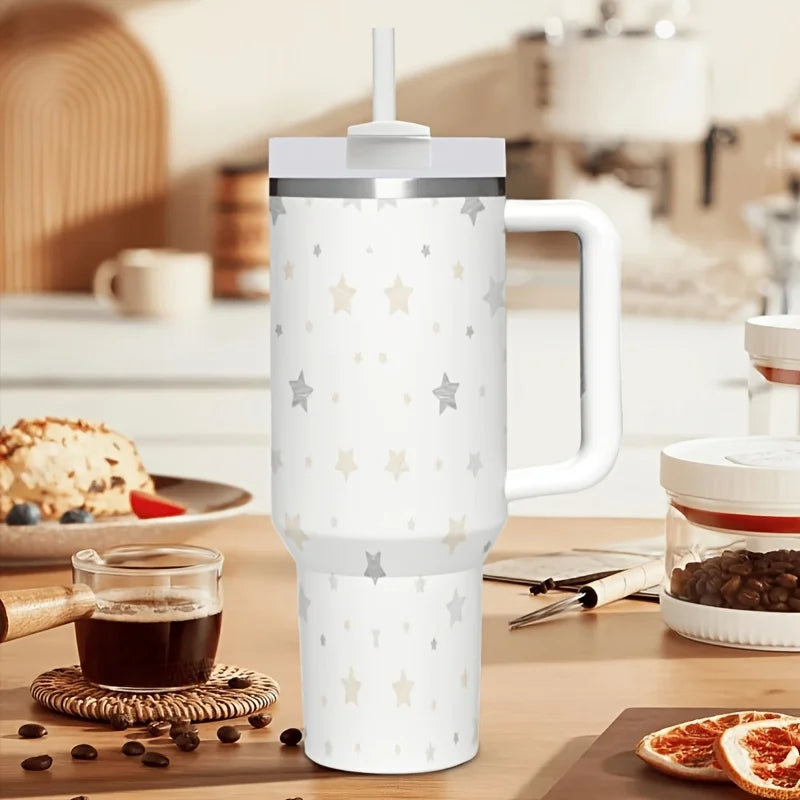 40Oz Beige Star Print Stainless Steel Tumbler with Handle Reusable Vacuum Insulated Water Cup for Daily Use