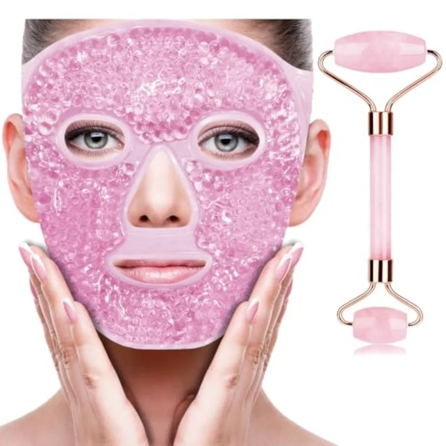 Ice Face Facial Jade Roller and Ice Face Mask Cold Cooling Gel Mask Gift Set for Women Aging Wrinkles Lifting Firming Puffy Eye