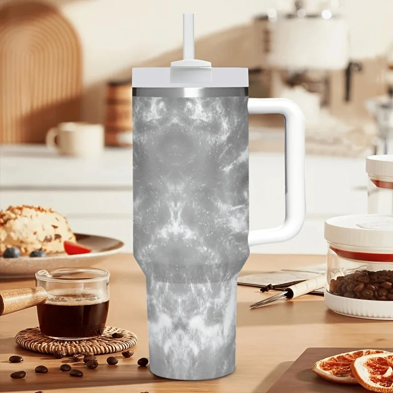 Gray Marble Texture Stainless Steel Tumbler with Handle