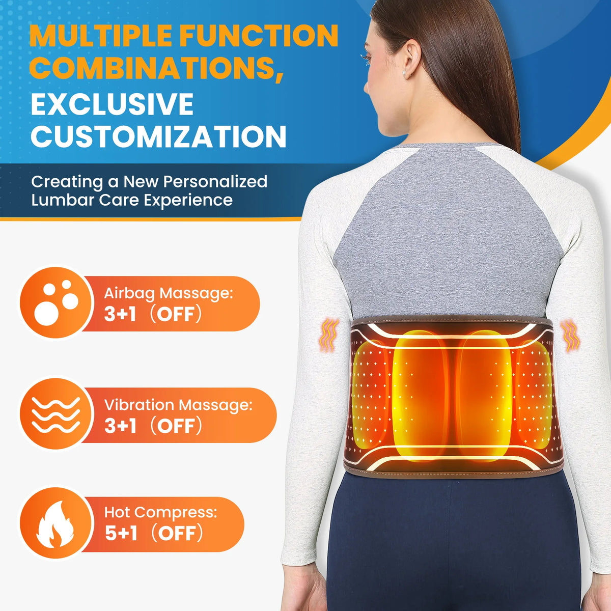 Cordless Heated Waist Massager with Vibration Compression Rechargeable Lumbar Support Belt Posture Adjuster for Men Women Gift