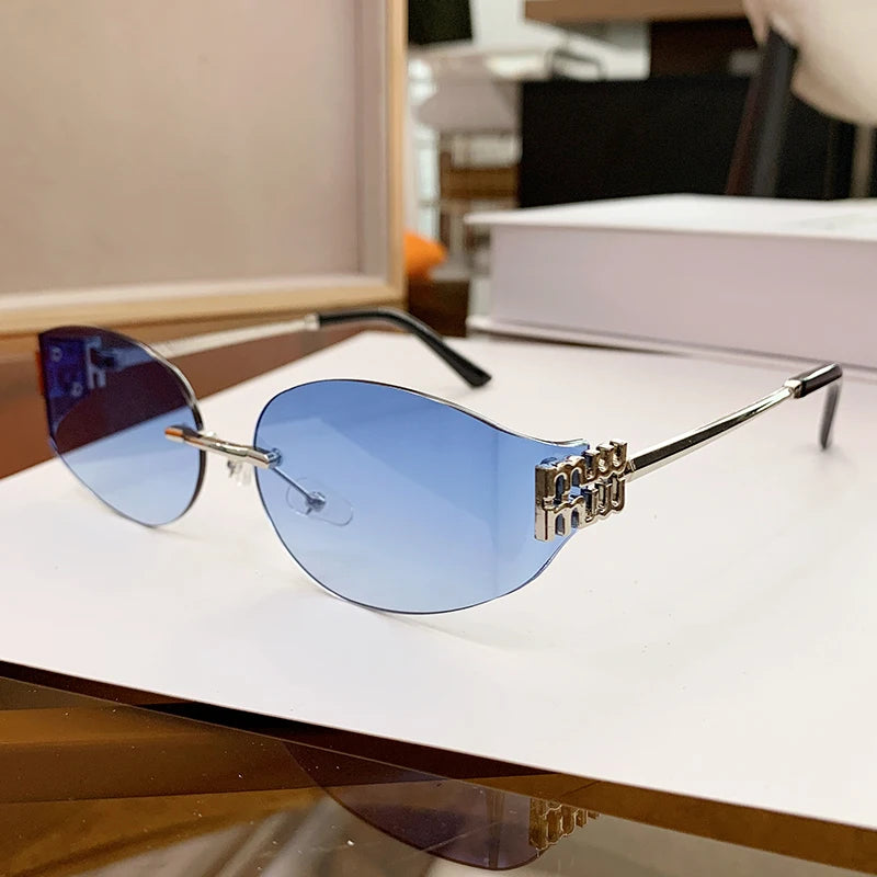 Rimless Oval Sunglasses Women UV400 Oversized Gradient  Lenses Metal Frame