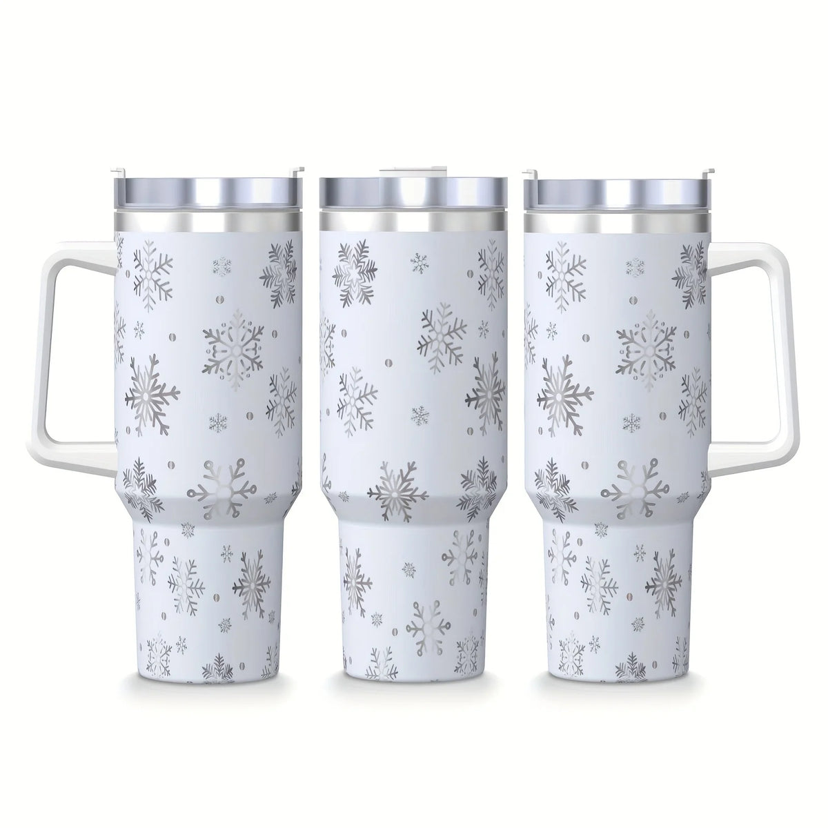 40 oz Stainless Steel White Snowflake Pattern Insulated Bottle Cup with Handle And Straw,