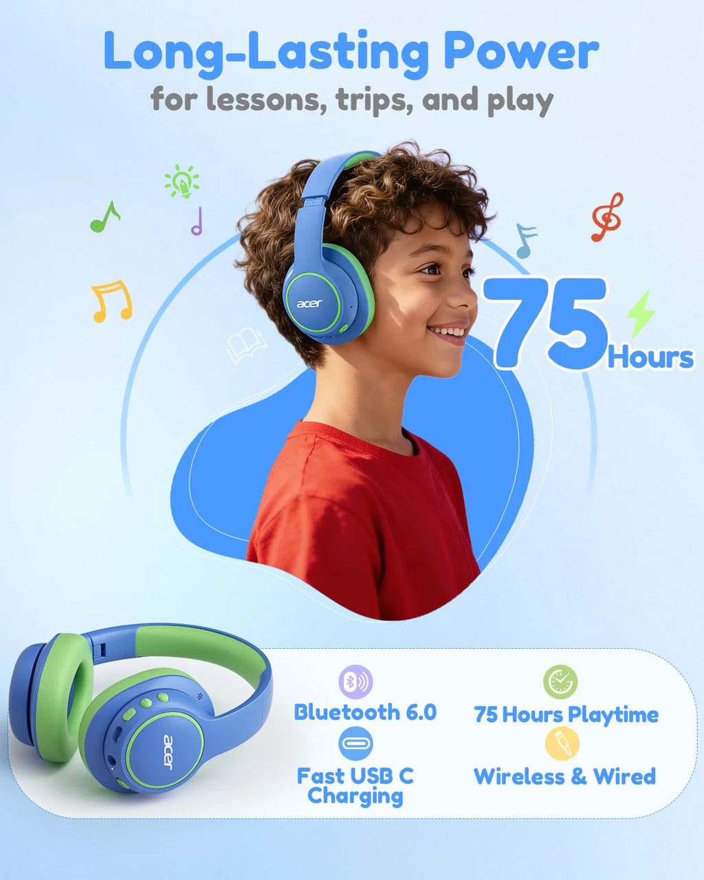 Kids Bluetooth 6.0 Headphones Over Ear Headphone