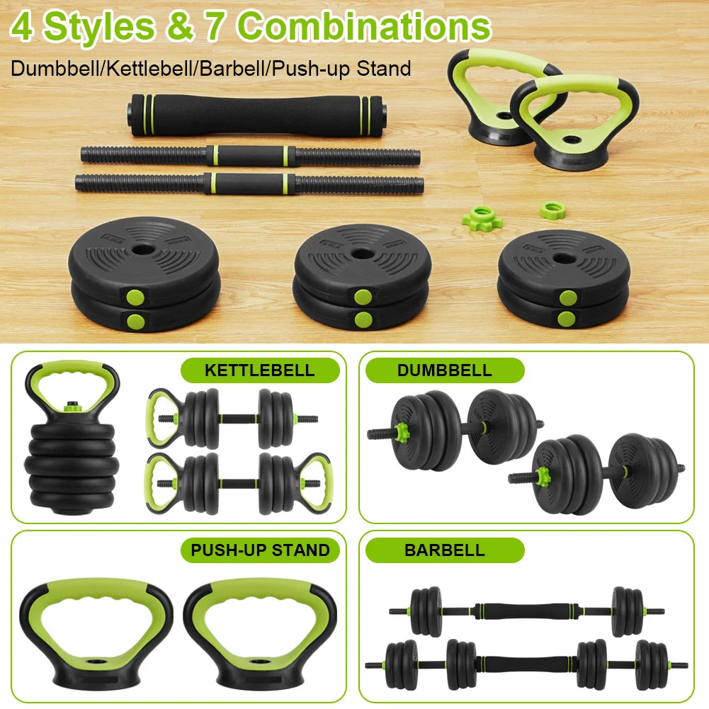 Adjustable Dumbbell Set 44 LBS PVC Coated, 4-in-1 Polygon Iron & Sand Filled Weights with Hollow Iron Rod 50cm & 8 Connectors, Convertible to Barbell Kettlebell, Home Gym Equipment