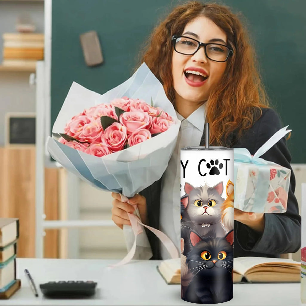 20oz Stainless Steel Cat Tumbler with Lid and Straw