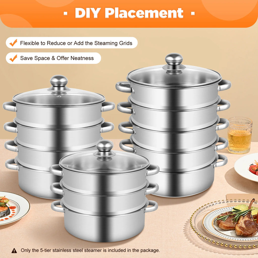 5-Tier Stainless Steel Food Steamer Cookware with Lid