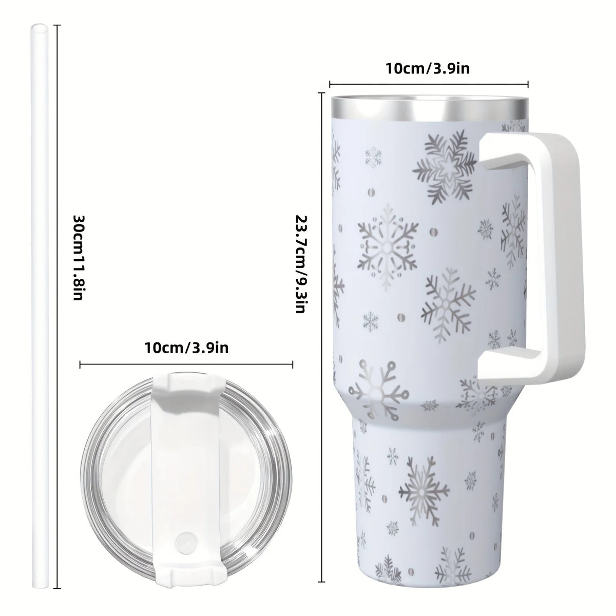 40 oz Stainless Steel White Snowflake Pattern Insulated Bottle Cup with Handle And Straw,