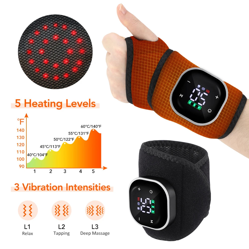 Wrist Massager with Heat Black Rechargeable Brace with 3 Vibration 3 Heat Levels for Office Home US Stock