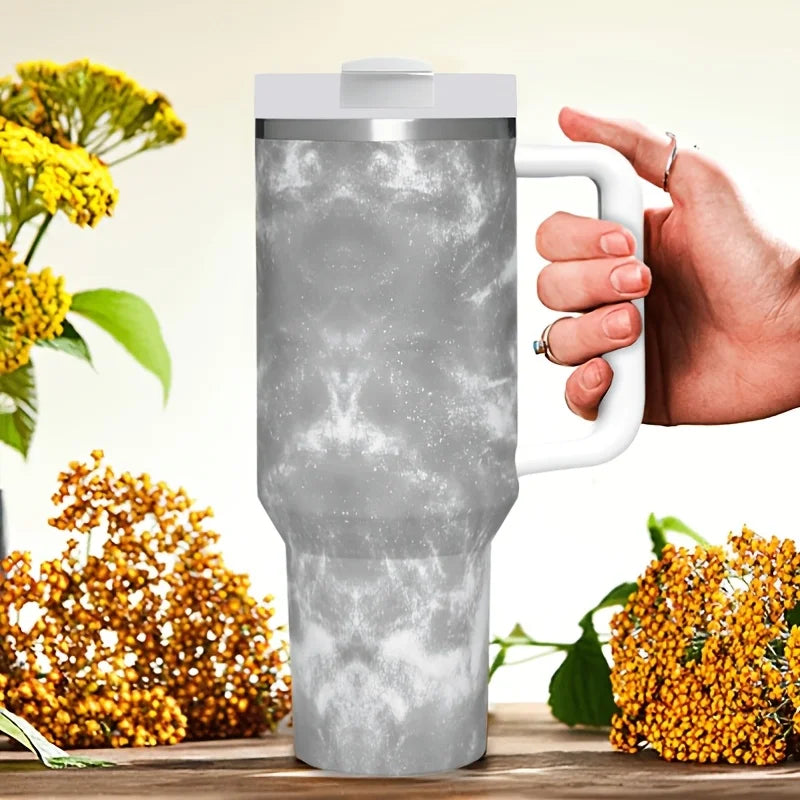 Gray Marble Texture Stainless Steel Tumbler with Handle
