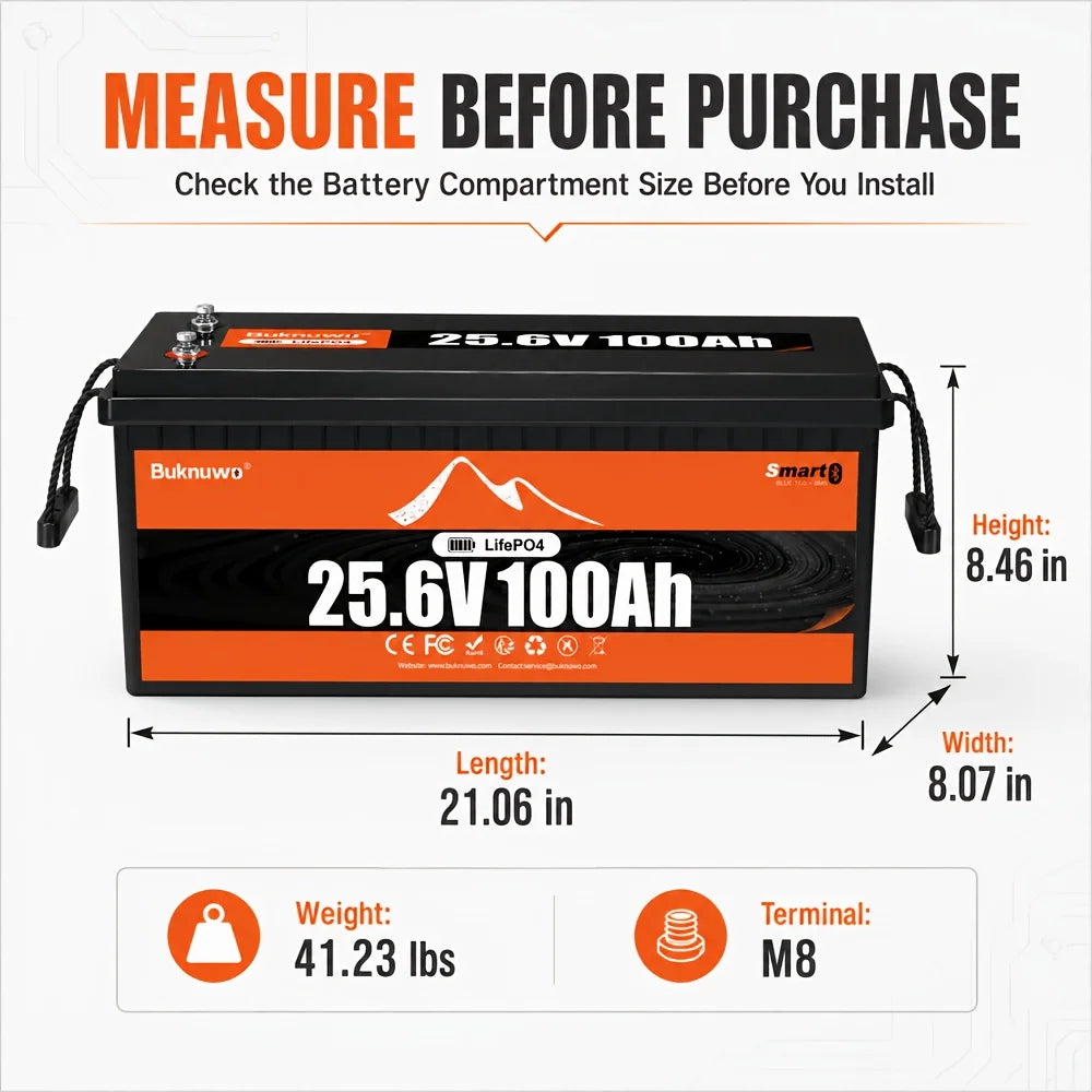 Buknuwo 24V 100Ah Bluetooth And Non-Bluetooth LiFePO4 Lithium Battery,