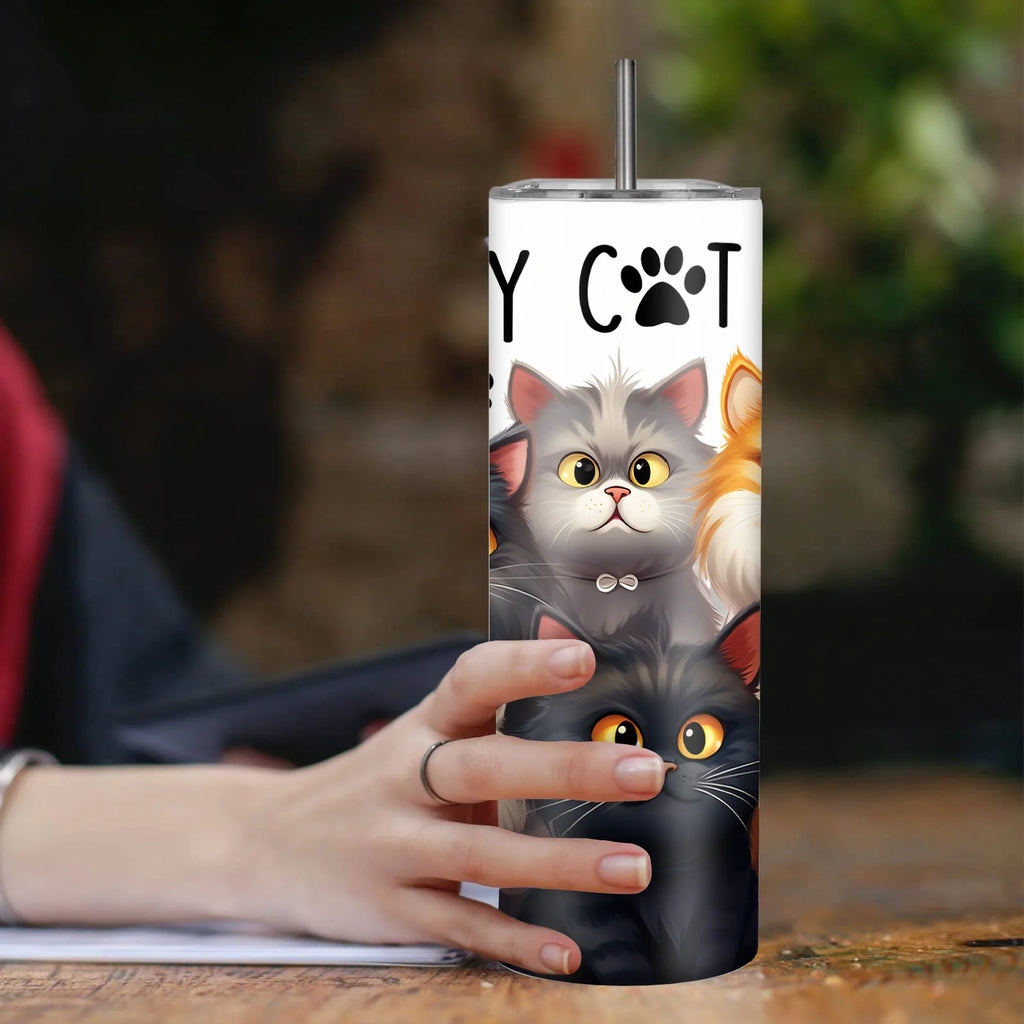 20oz Stainless Steel Cat Tumbler with Lid and Straw
