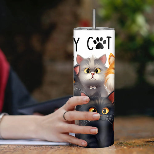 20oz Stainless Steel Cat Tumbler with Lid and Straw