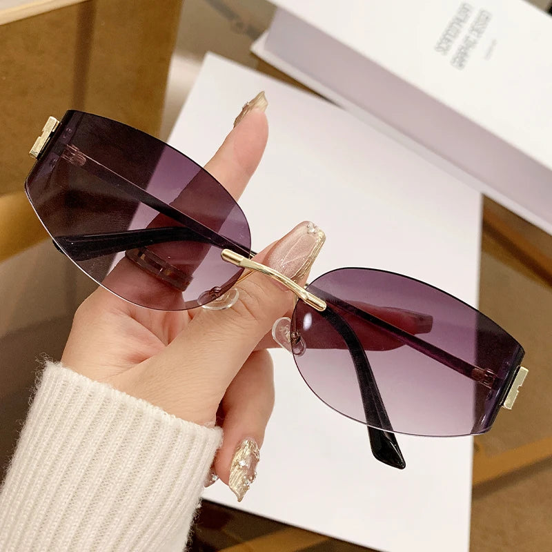 Rimless Oval Sunglasses Women UV400 Oversized Gradient  Lenses Metal Frame