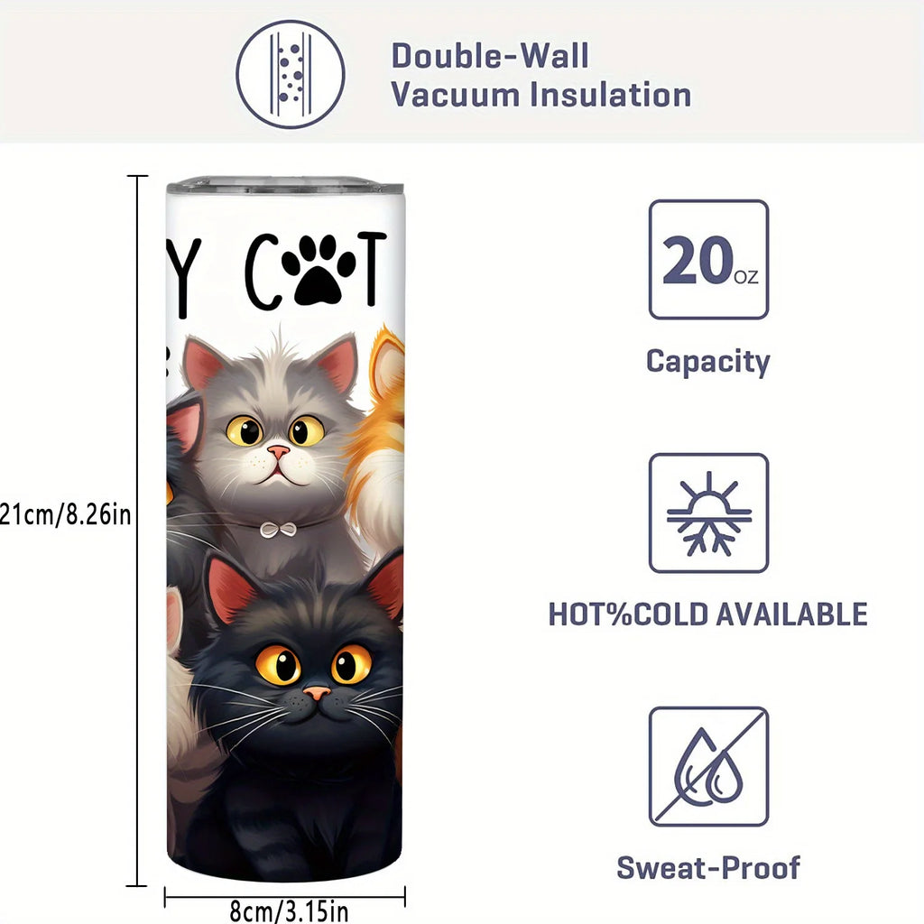20oz Stainless Steel Cat Tumbler with Lid and Straw