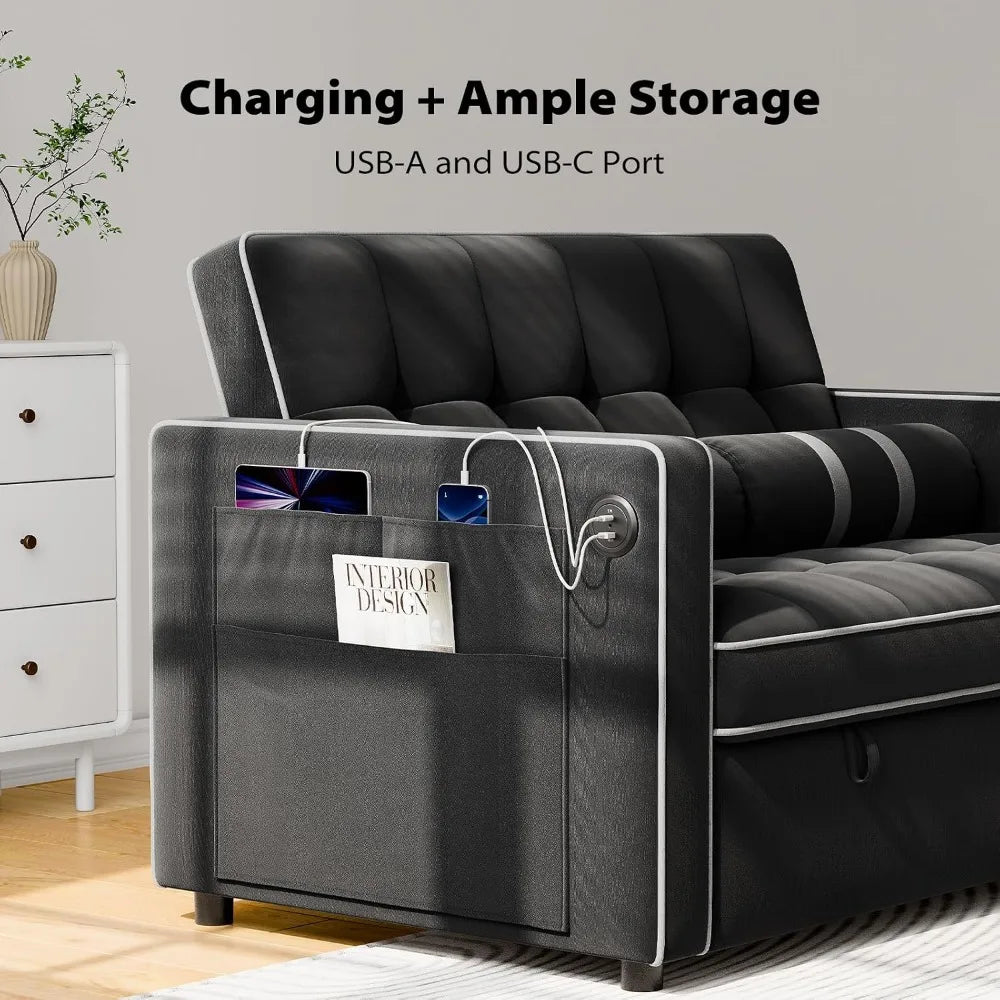 3 in 1 Sleeper Sofa Bed with Adjustable Backrest, Black Velvet