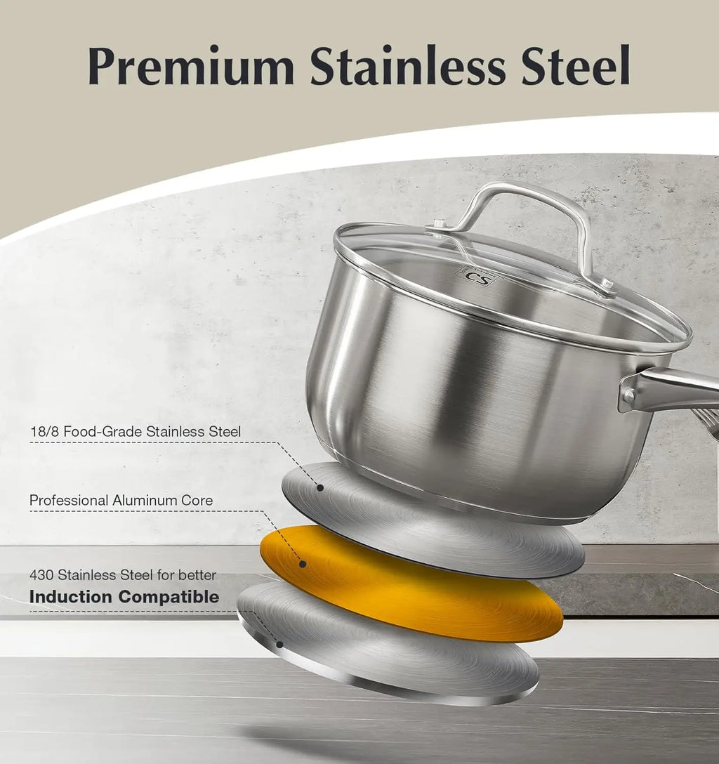 10 Piece Stainless Steel Pots and Pans Set,  Oven Safe to 450°F
