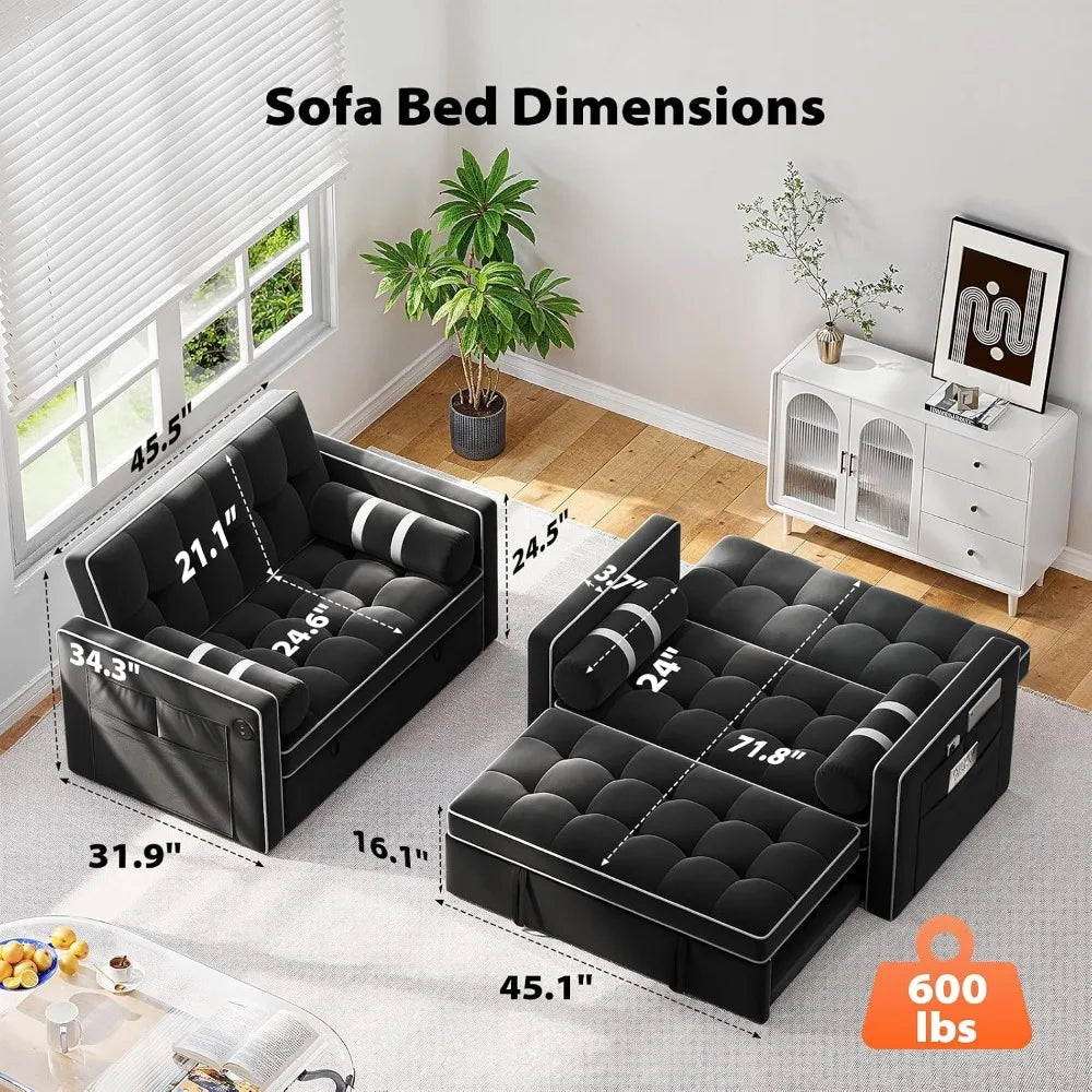 3 in 1 Sleeper Sofa Bed with Adjustable Backrest, Black Velvet