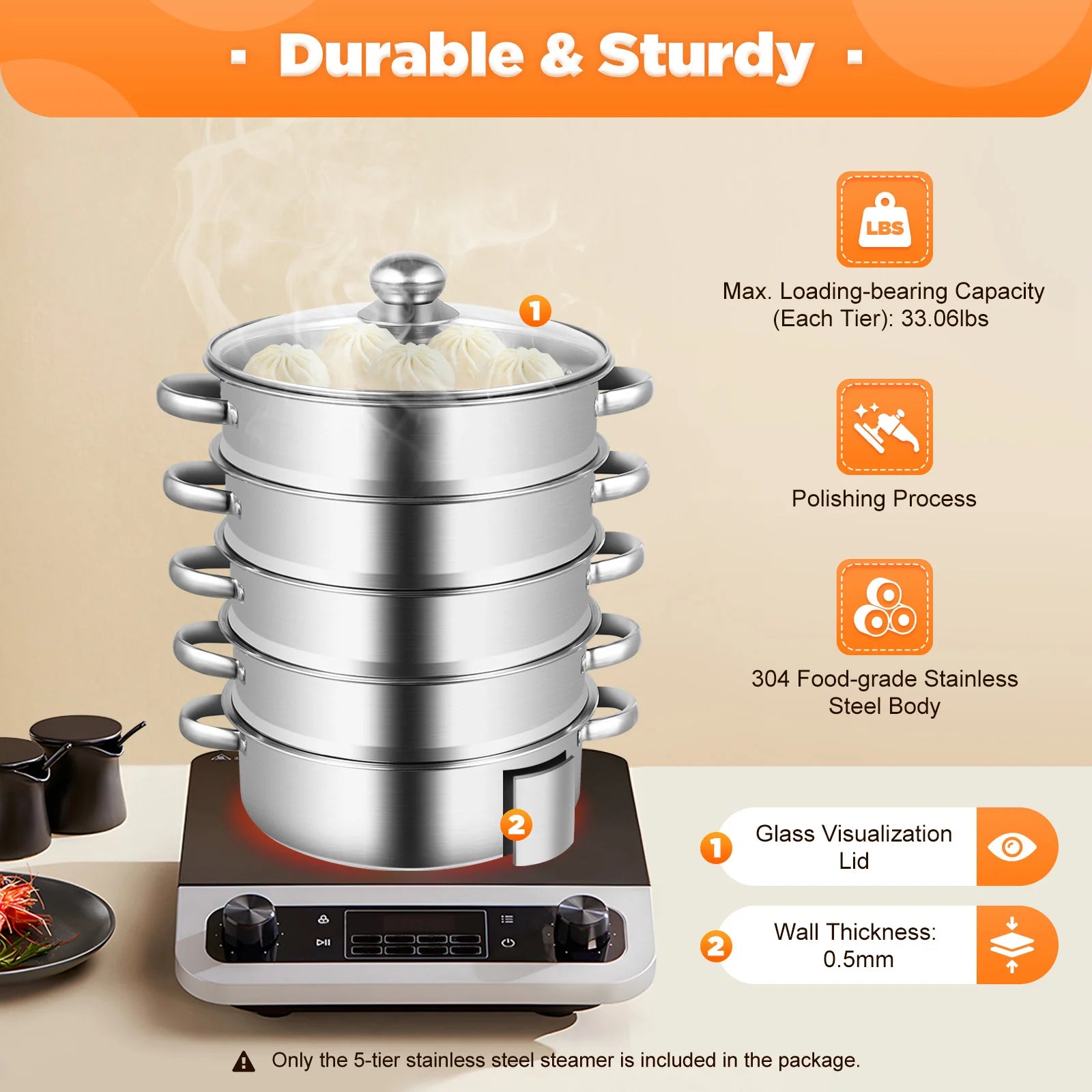 5-Tier Stainless Steel Food Steamer Cookware with Lid