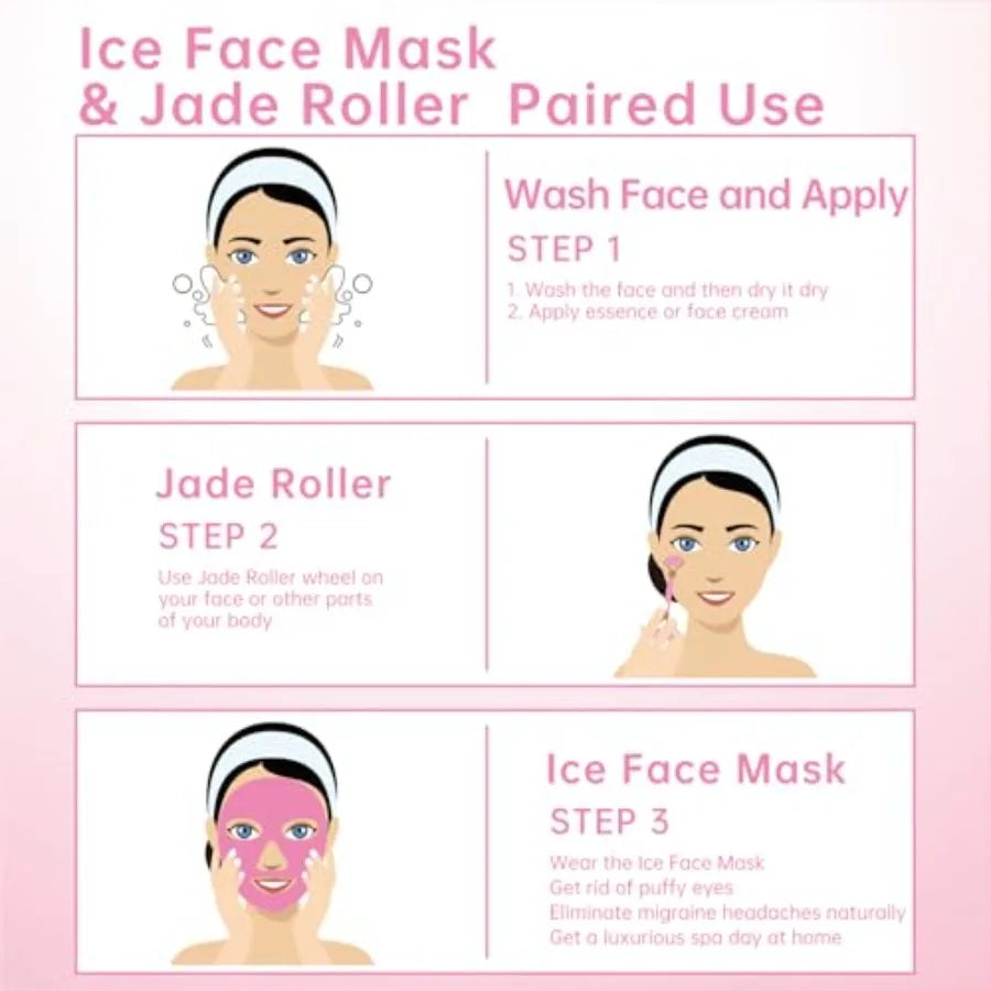 Ice Face Facial Jade Roller and Ice Face Mask Cold Cooling Gel Mask Gift Set for Women Aging Wrinkles Lifting Firming Puffy Eye