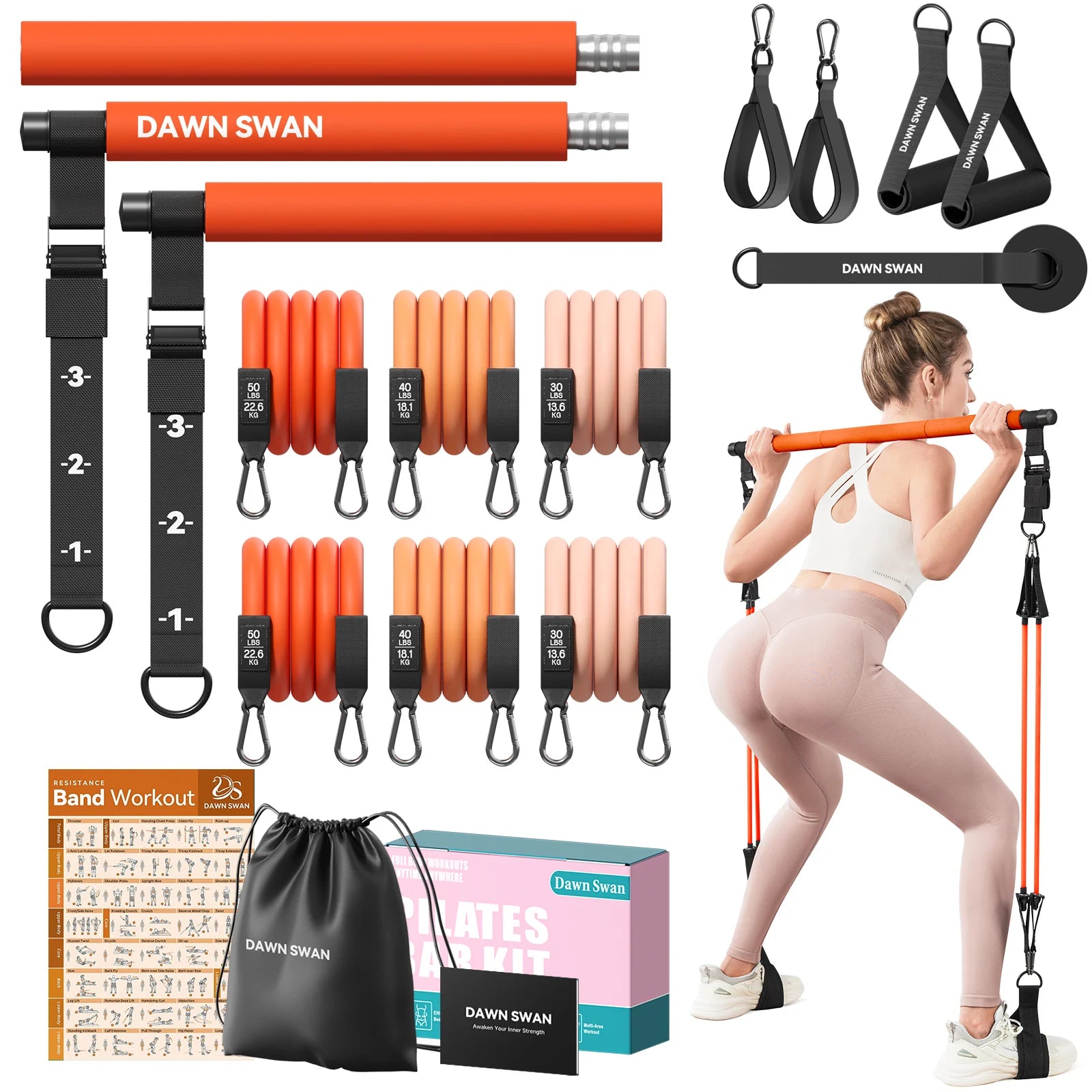 Pilates Bar Kit with Resistance Bands–Adjustable Home Gym Workout–Portable Pilates Equipment for Squats,Yoga&Full Body Toning
