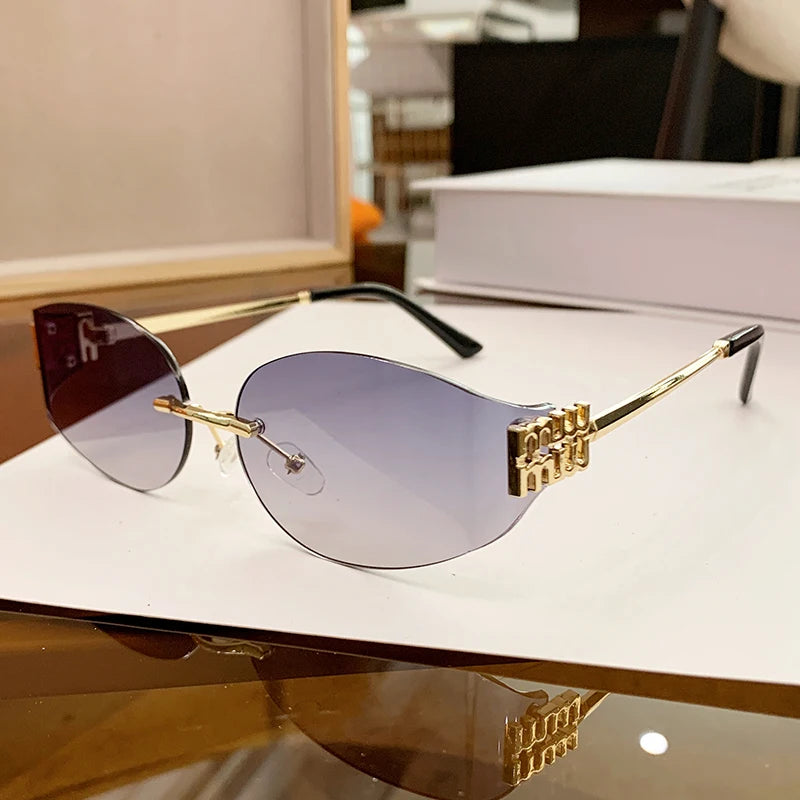 Rimless Oval Sunglasses Women UV400 Oversized Gradient  Lenses Metal Frame