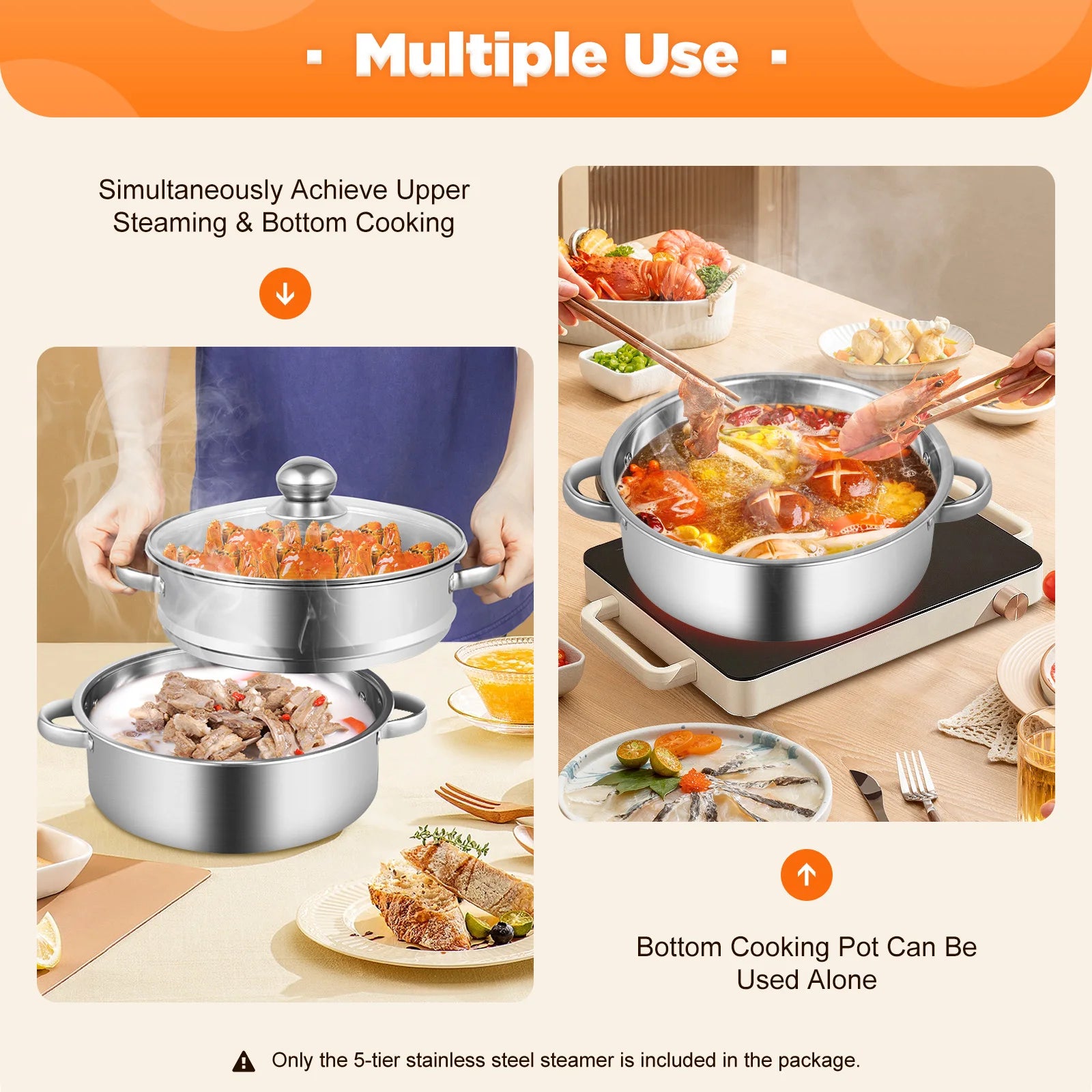 5-Tier Stainless Steel Food Steamer Cookware with Lid