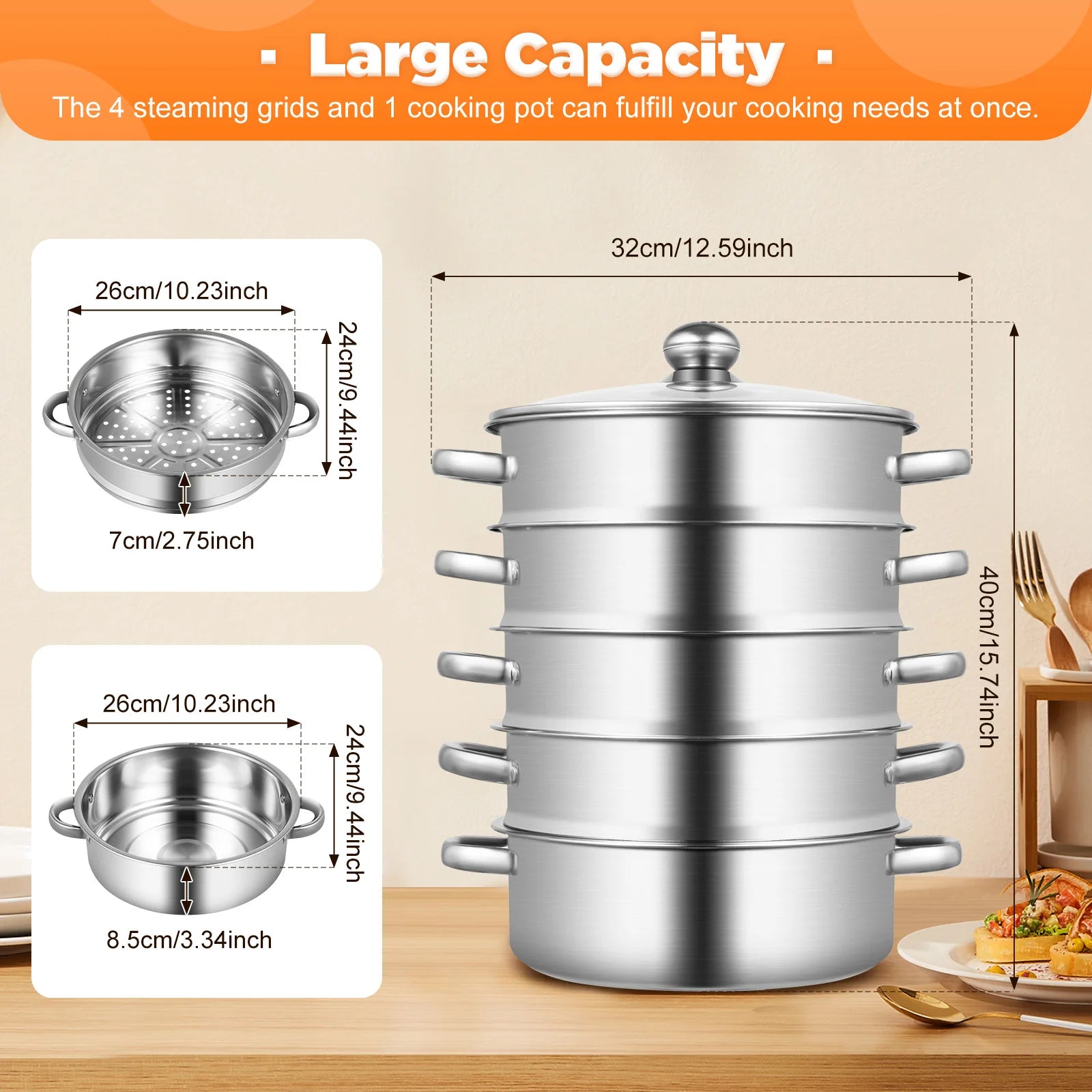 5-Tier Stainless Steel Food Steamer Cookware with Lid