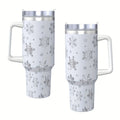 40 oz Stainless Steel White Snowflake Pattern Insulated Bottle Cup with Handle And Straw,