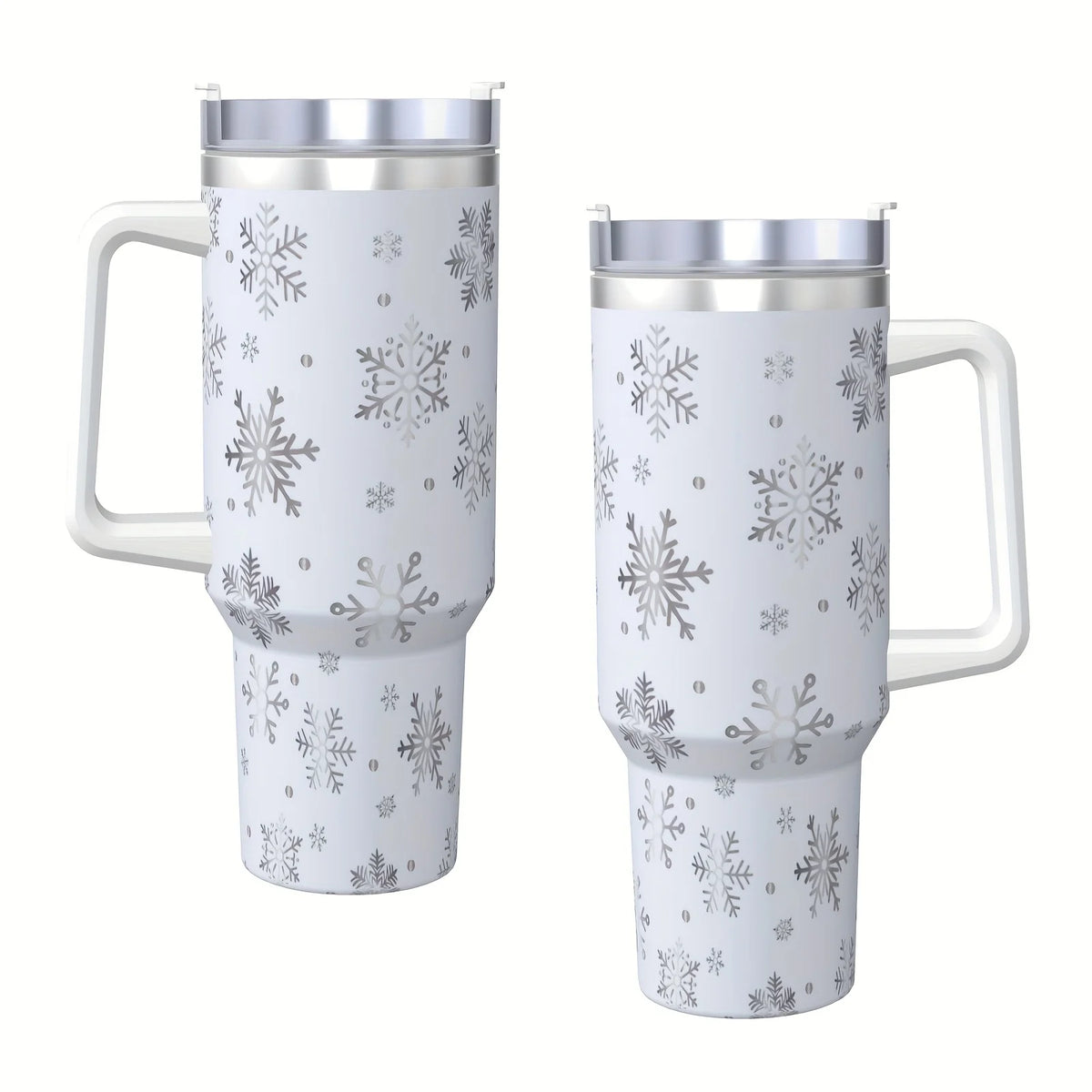 40 oz Stainless Steel White Snowflake Pattern Insulated Bottle Cup with Handle And Straw,